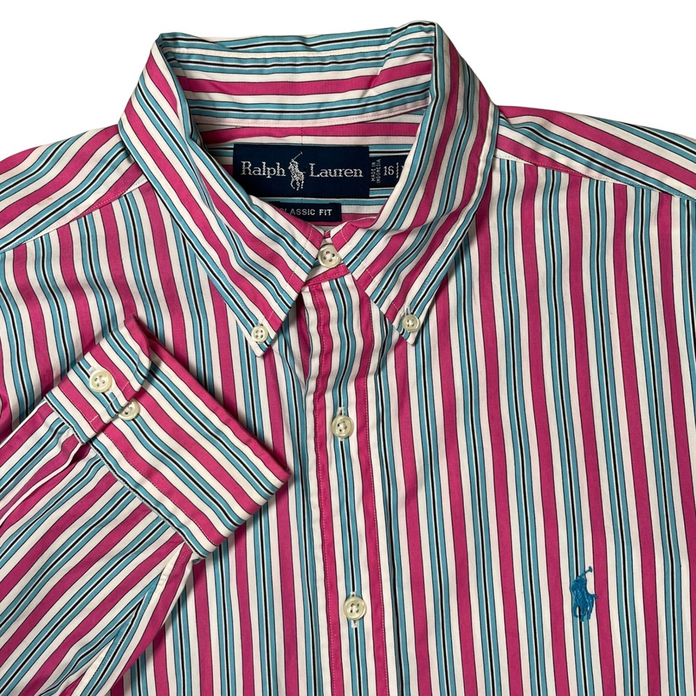 Polo Ralph Lauren Button Down Shirt Men 16" Large Pink Blue Striped Classic Fit